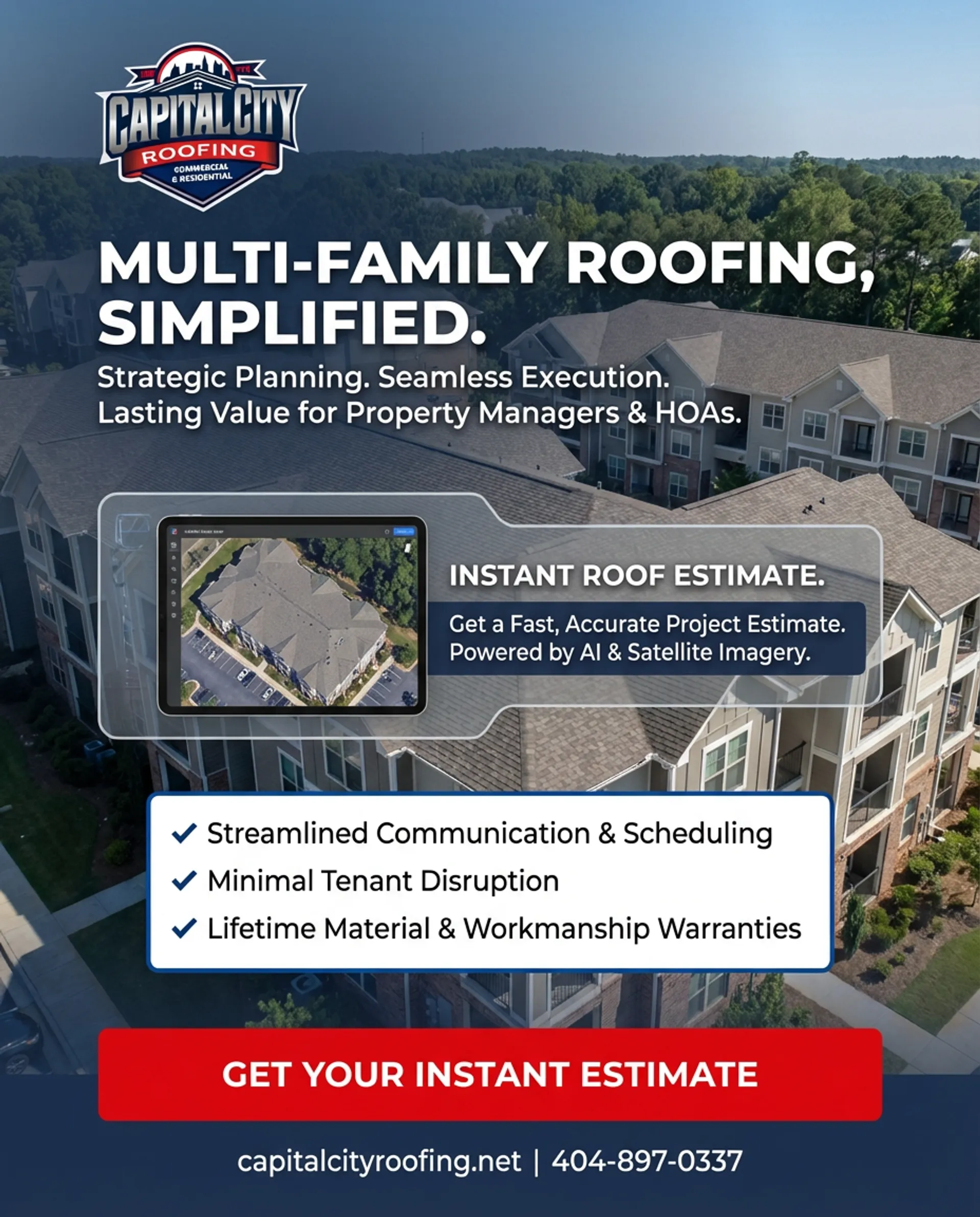 Capital City Roofing branded billboard alongside a multifamily roof